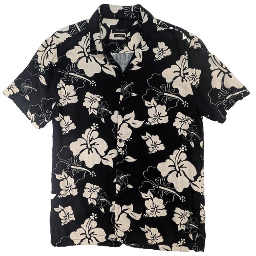 Porter & Ash Linen Shirt Mens M Black Tropical‎ Aloha Urban Surf Coastal Cool